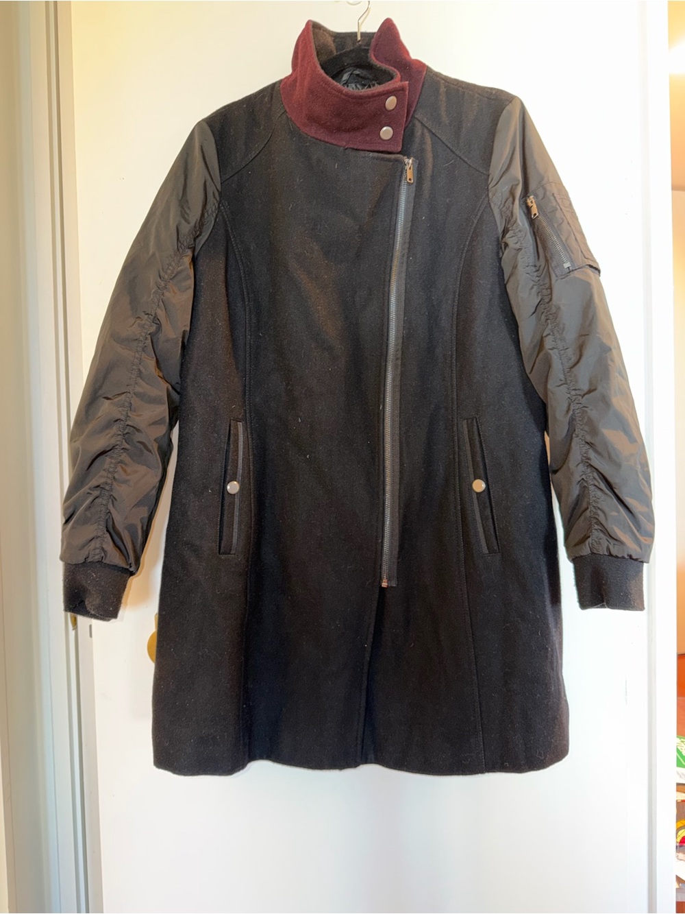 Marc New York Black Coat with Burgundy Collar